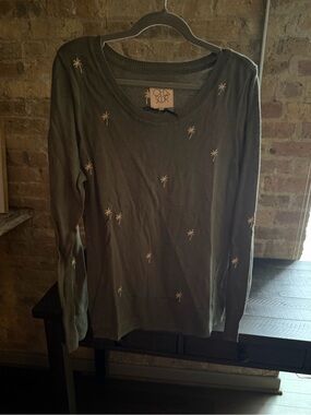 Chaser Gray lightweight Scoop Neck Sweater with Palm Embroidery